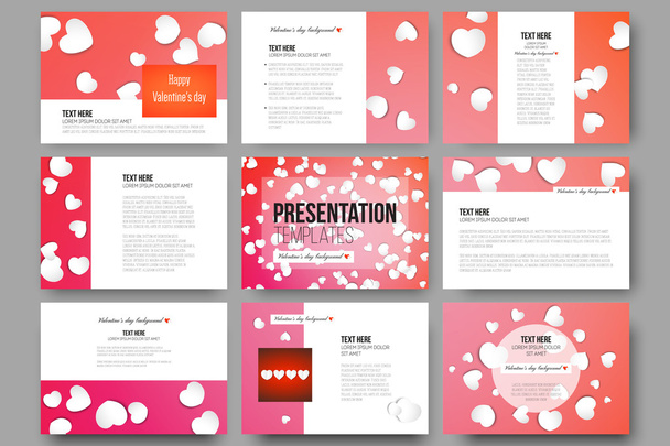 Satz von 9 Vorlagen für Präsentationsfolien. weiße Papierherzen, roter Vektorhintergrund, Valentinstag-Dekoration - Vektor, Bild