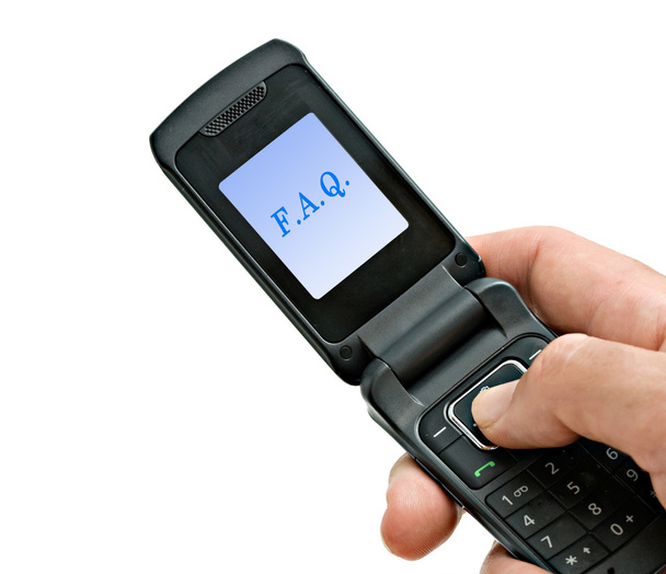 Telefone celular com "FAQ" mostrado em sua tela
 - Foto, Imagem