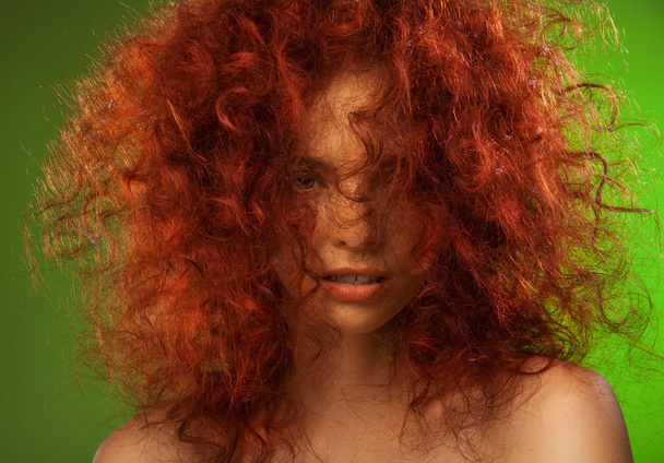 Red curly hair woman beauty portrait - Фото, изображение