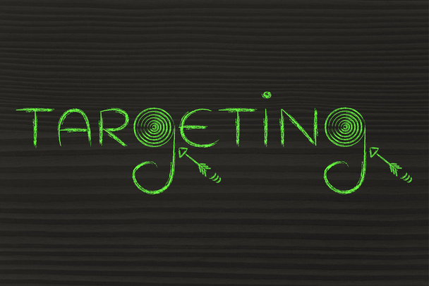 marketing term "targeting" with real targets and arrows - Zdjęcie, obraz