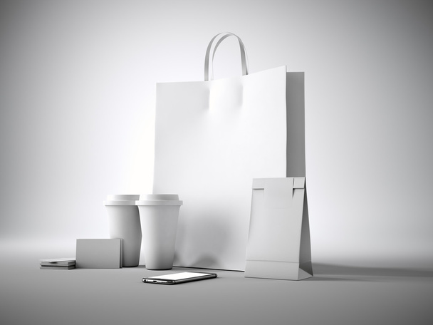 Set of white blank shopping bag, two coffee cups, business cards and generic design smartphone. Light background. 3d render - Foto, Bild