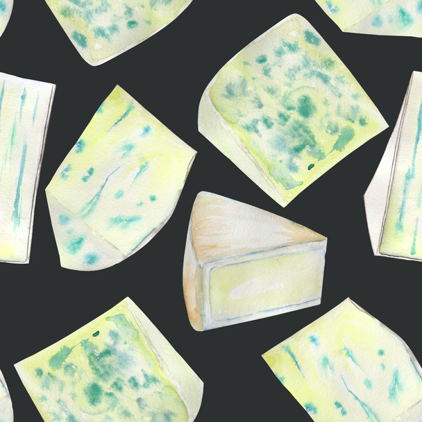 A seamless watercolor pattern with the blue cheeses. Painted on a black (dark) background. - Photo, Image