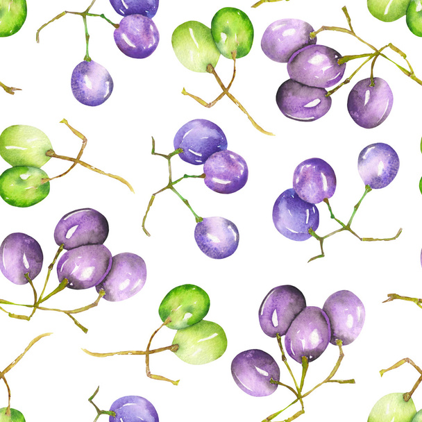 A seamless pattern with the watercolor green and blue (violet) grapes. Painted hand-drawn in a watercolor on a white background. - Fotoğraf, Görsel