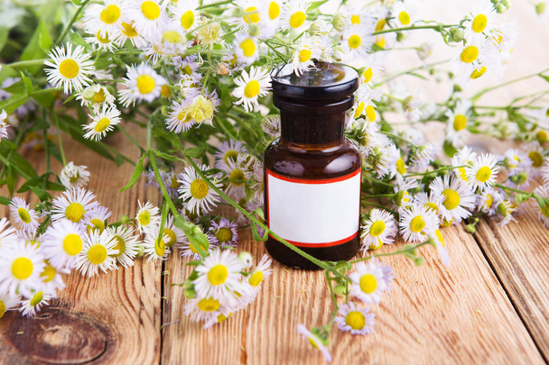 Herbal medicine concept - bottle with camomile on wooden table - Foto, afbeelding