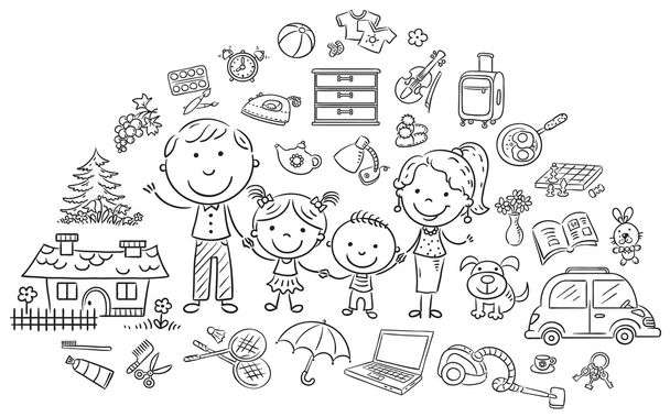 Family life set, black and white outline - Vector, Image