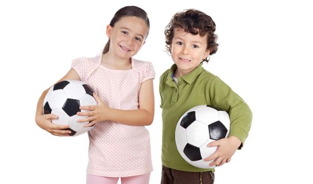 δύο λατρευτά παιδιά με μπάλες ποδοσφαίρου - Φωτογραφία, εικόνα