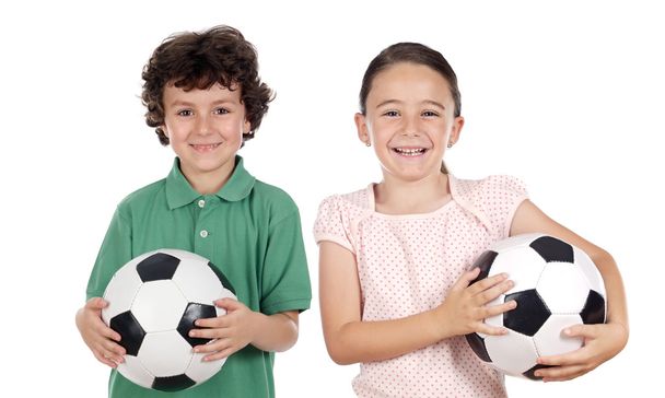 Due adorabili bambini con palloni da calcio
 - Foto, immagini
