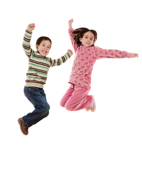 Двоє щасливих дітей стрибають одночасно
 - Фото, зображення