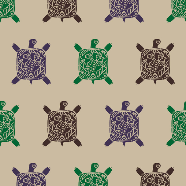 Decorative turtles seamless pattern on a beige background - Vector, afbeelding