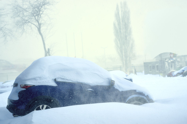 吹きだまりの雪の中車 - 写真・画像