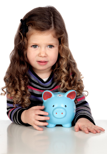 Adorabile bambino con una cassetta dei soldi blu
 - Foto, immagini
