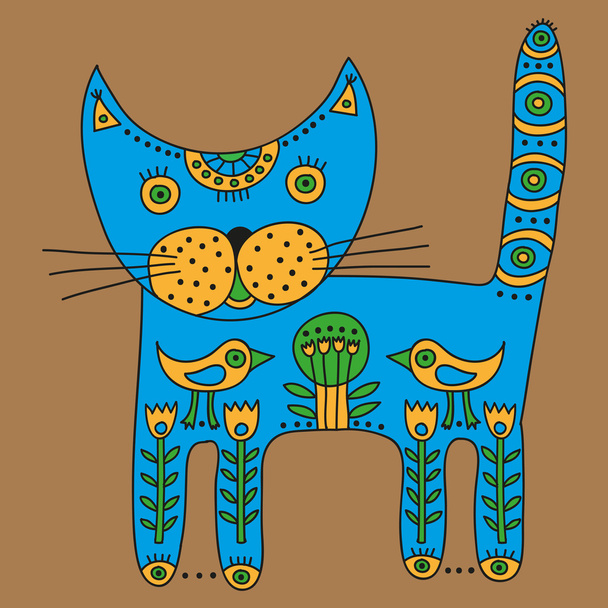 Decorative ethnic blue cat on a beige background - Vektör, Görsel