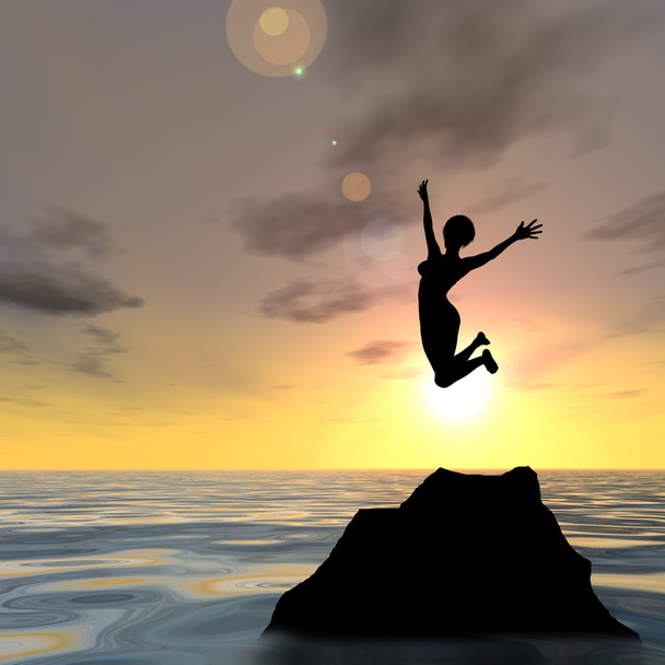 Concept or conceptual young woman or businesswoman silhouette jump happy on cliff over water sunset or sunrise sky background - Photo, Image