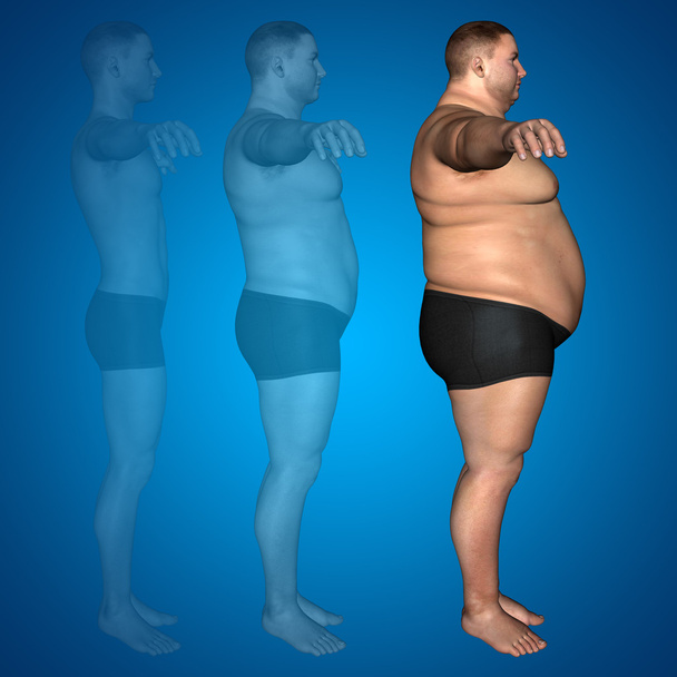 Концепция или концептуальные 3D жир лишний вес против стройный диета с мышцами молодой человек синий градиентный фон
 - Фото, изображение