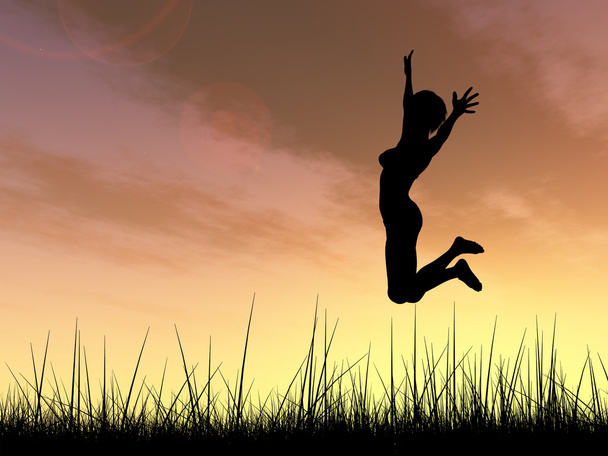 概念または概念の若い女性実業家シルエット ジャンプ幸せな夕日や日の出空を背景に芝生のフィールドに - 写真・画像