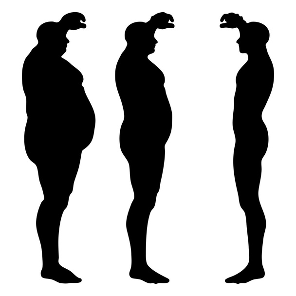 Concepto o conceptual de grasa 3D sobrepeso vs dieta slim fit con músculos silueta de hombre joven aislado sobre fondo blanco
 - Foto, imagen