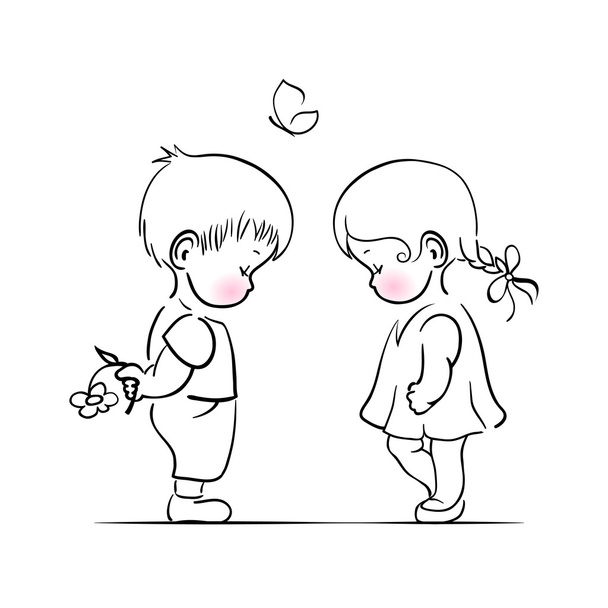 Shying boy and girl hand drawing illustration - Vector, Image