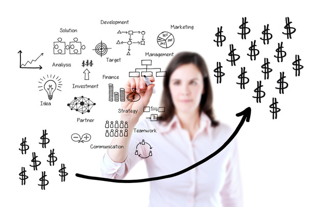 Businesswoman writing profit business process. White background. - Photo, Image