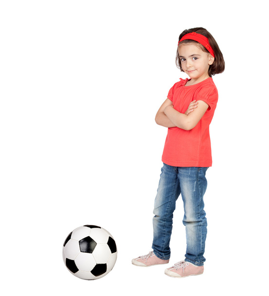 Brunette little girl with a soccer ball - Фото, изображение