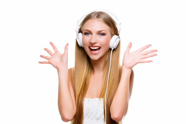 Girl with big headphones on head - Foto, Imagem