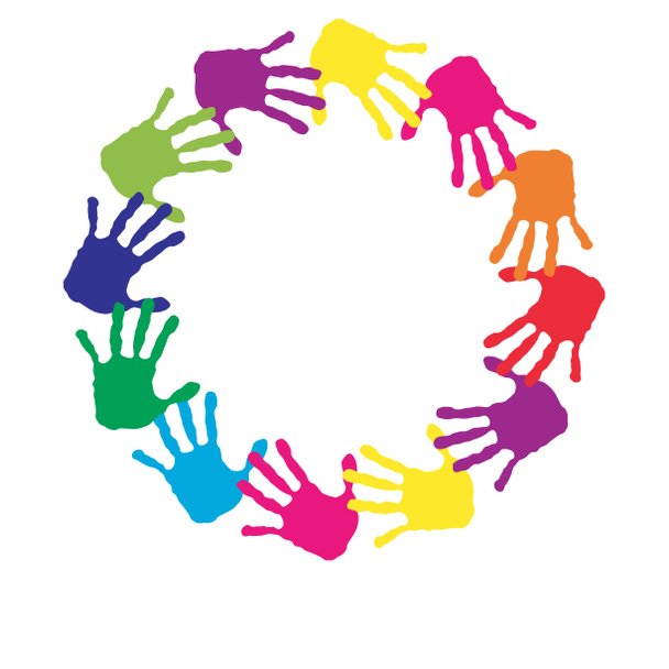 Conceito ou círculo conceitual ou conjunto em espiral feito de mãos humanas coloridas pintadas isoladas em fundo branco
 - Foto, Imagem