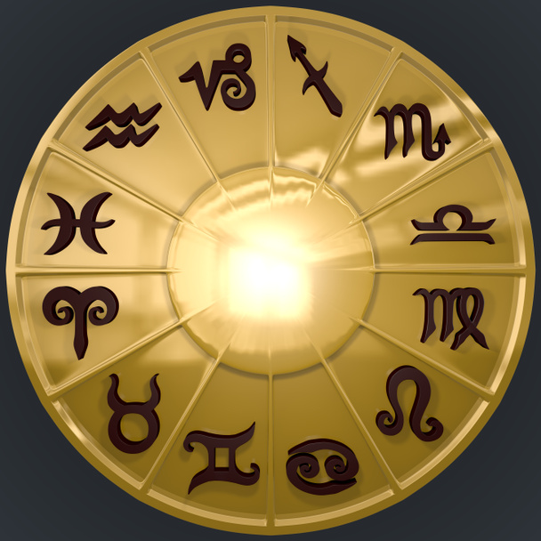 Это трехмерное изображение золотого диска с коричневыми знаками Зодиака с высоким разрешением
. - Фото, изображение
