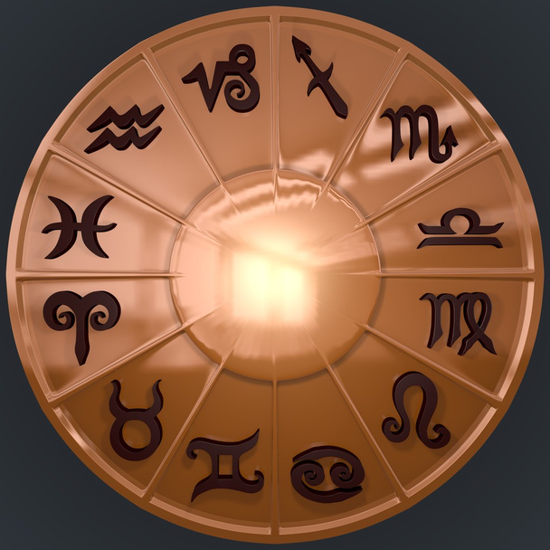 Это трехмерное изображение медного диска с коричневыми знаками Зодиака с высоким разрешением
. - Фото, изображение