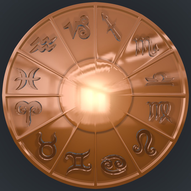 It's a 3D render of Copper Disk with Glassy Zodiac Signs with high resolution. - Photo, Image