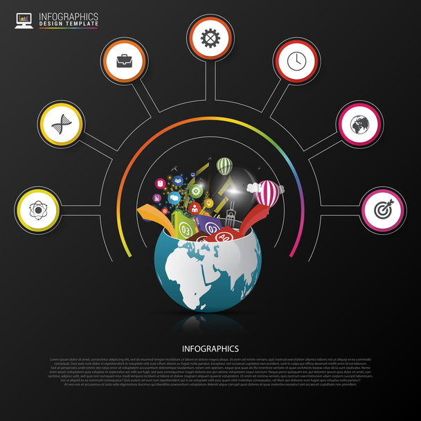 Modelo de design infográfico. Mundo criativo. Círculo colorido com ícones. Ilustração vetorial
 - Vetor, Imagem