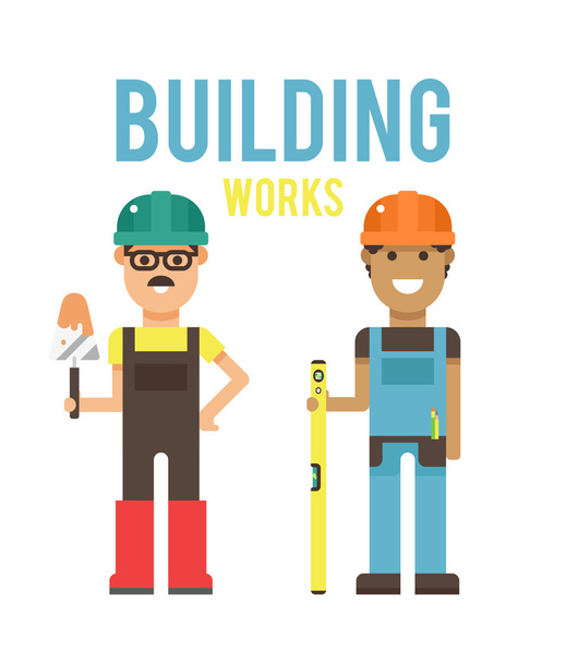 Cartoon workers couple and tools under construction vector illustration - Διάνυσμα, εικόνα