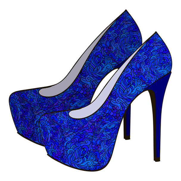 Blue bright modern high heels pump woman shoes with intricate oramental decor - Διάνυσμα, εικόνα