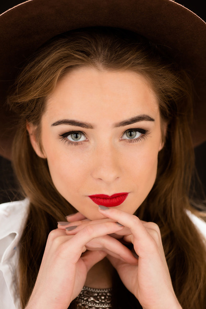 Close-up portrait of lady with red lips - 写真・画像