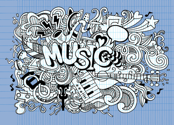 音楽の背景、楽器のコラージュ。手描き  - ベクター画像
