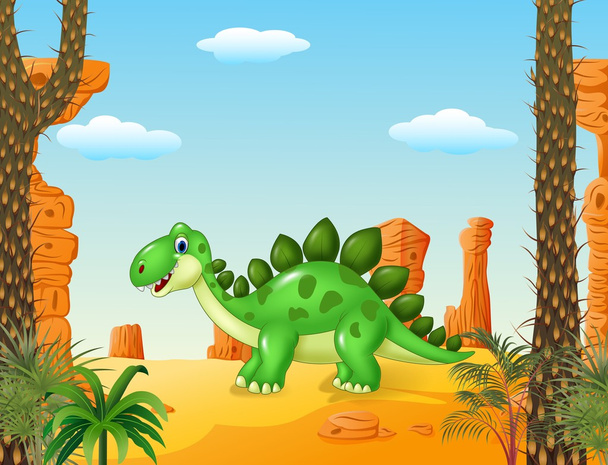 Dibujos animados lindo dinosaurio con el fondo del desierto
 - Vector, Imagen