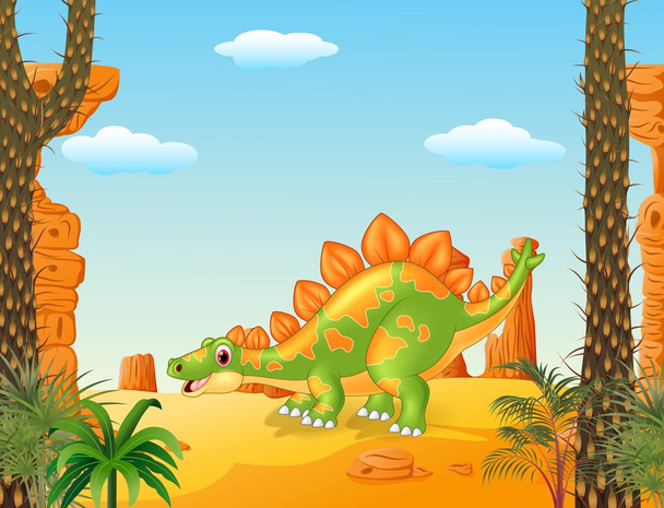 Kreslený roztomilý stegosaurus pózuje s prehistorické pozadím - Vektor, obrázek