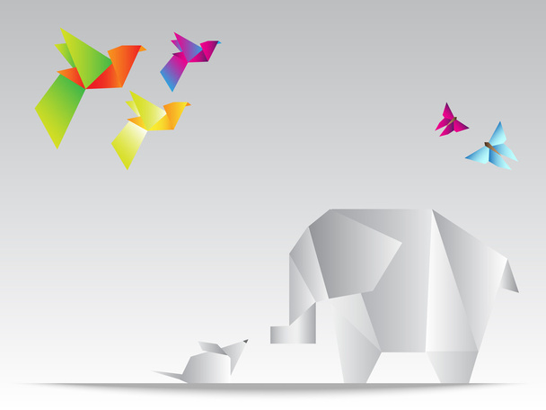 Gyönyörű geometriai háromszögek elefánt egérrel, pillangó és színes madarak - Vektor, kép