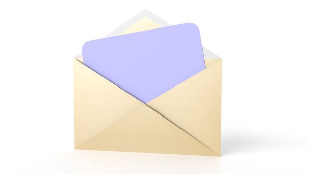 Open gele envelop met blanco paarse papier blad, geïsoleerd op wit. - Foto, afbeelding