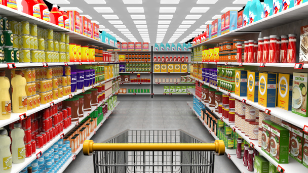 Supermarket interior with shelves full of various products and empty trolley basket - Photo, Image
