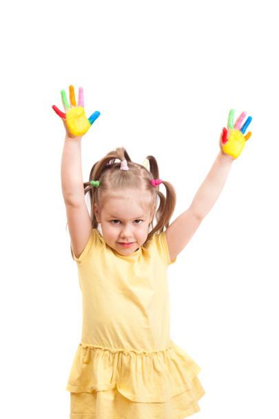 girl with brightly painted fingers - 写真・画像