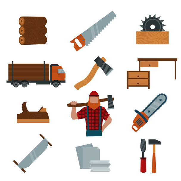 Holzfäller Cartoon-Figur mit Holzfällerwerkzeugen Symbole Vektor-Illustration - Vektor, Bild