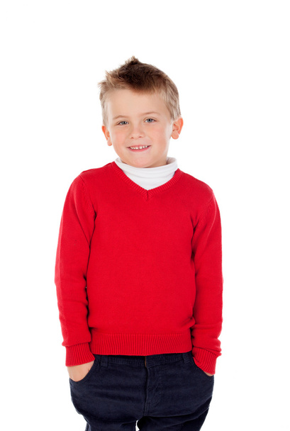 Lindo niño rubio con jersey rojo
 - Foto, imagen