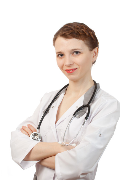 Женщина-врач, стоящая со стетоскопом
 - Фото, изображение