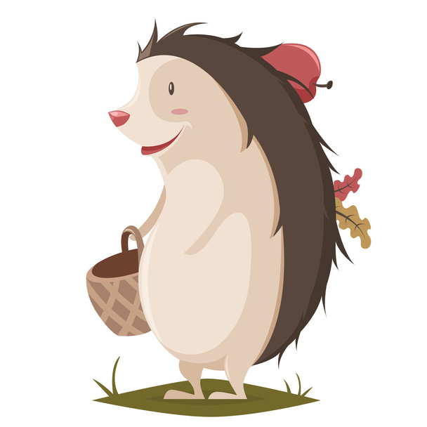 Hedgehog with basket, apple and leaves. Cartoon vector illustration - Vektor, obrázek