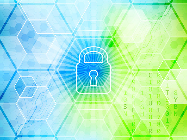 Abstract vector technological background with global security concept. Lock, hexagon and circuit board. - Vector, Image