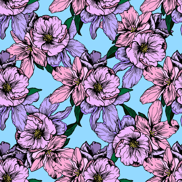 Hand drawn illustration. Delicate pink and purple flowers. Seamless pattern. - Vector, Image