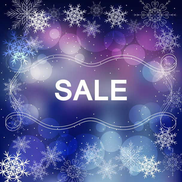 Sale sign on beautiful winter background with snowflakes and circles. - Vector, Imagen