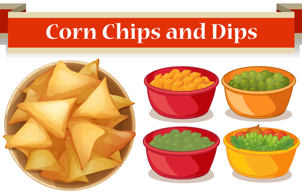 Maïs chips en vier soort dips - Vector, afbeelding