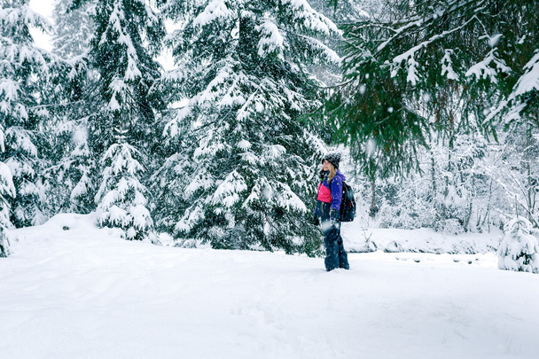 Winter travel girl with a backpack in forest - Foto, Imagem