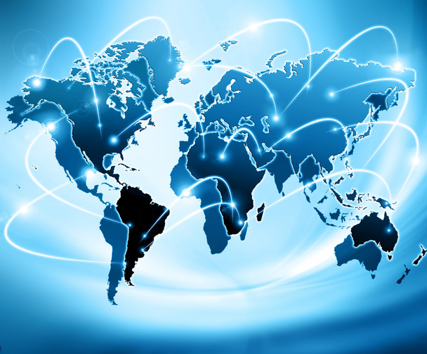 Nejlepší internetová koncepce globálního podnikání. Globe, zářící čáry na technologickém pozadí. Elektronika, Wi-Fi, paprsky, symboly Internet, televize, mobilní a satelitní komunikace - Fotografie, Obrázek