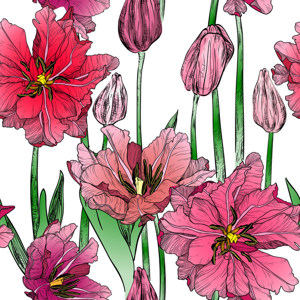 Vector seamless pattern with pink spring tulip flowers - Vector, Image